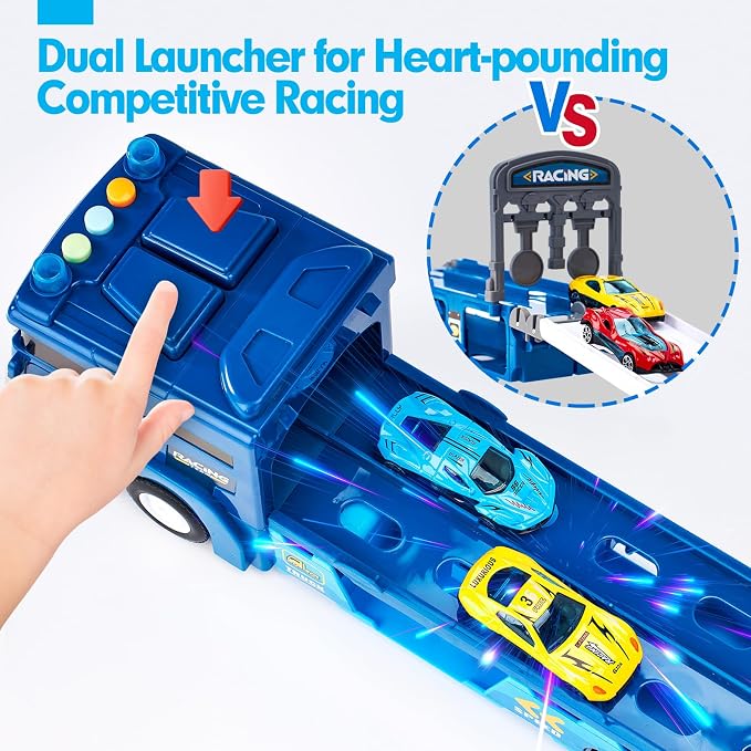 hahaland Toys for 3 Year Old Boy Gift - 2 in 1 Car Carrier Transforms into Race Tracks Toys with Dual Launcher Truck for Kids Ages 3-5 - Car Sets for Boys 3 Year Old Boy Gifts