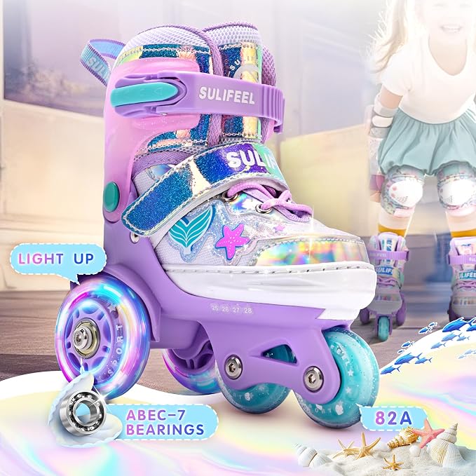 SULIFEEL Adjustable Roller Skates for Girls Boys Kids,Fun Illuminating Light Up Flash Wheels Three-Point Type Balance Suitable for Beginners Indoor Roller Skating