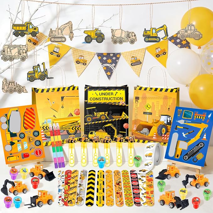 Construction Vehicle Favors, 98pcs Construction Truck Party Favors Set Includes Construction Vehicle toys Bubble Wands Stickers Stampers etc Construction Party Favor for Excavator Birthday Decorations