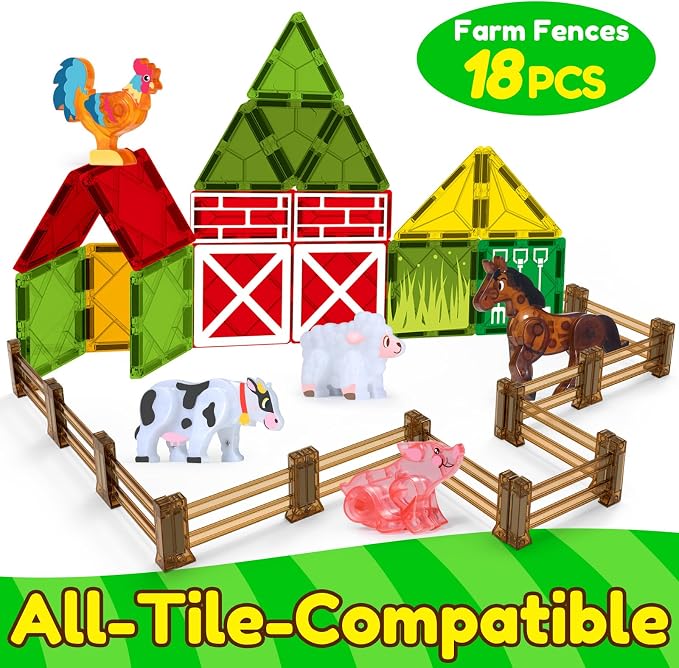 Oriate Farm Animals Fences Magnetic Tiles, 18pcs Magnet Fencing Compatible Garden Farming Zoo Dinosaur, Kids Magnetic Structural Construction Magnets Tile Building Blocks Horse Toys Accessory