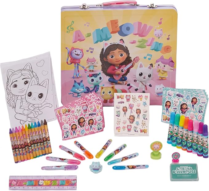 Innovative Designs DreamWorks Gabby’s Dollhouse Deluxe Activity Set with Carrying Tin, Coloring Sheets, Tattoos, Stickers, & Art Supplies