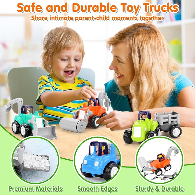 ORWINE Inertia Trucks Toy Cars, Early Educational Baby Boy Toys 18 Months, Push and Go Cars Gifts for Boys & Grils, 4PCS Construction Vehicles for Toddler Outdoor & Indoor
