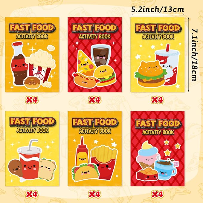 Dvbonike 24Pcs Fast Food Activity Books - Fast Food Mini Fun Games Coloring Book Bulk with Burger Fried Chicken Fries Popcorn Party Favors Goodie Bag Stuffers Classroom Rewards Supplies