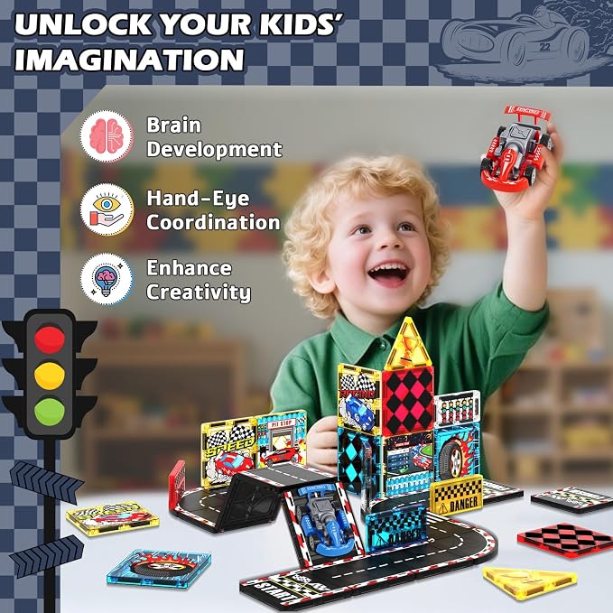 Magnetic Tiles Road Set | Magnet Tiles Race Track, Magnetic Car Racing Tile for Kids Ages 4-8 5-7, Magnetic Tile Rails Building Toys STEM Learning Sensory Birthday Gifts for 3+ Years Old Boys Girls