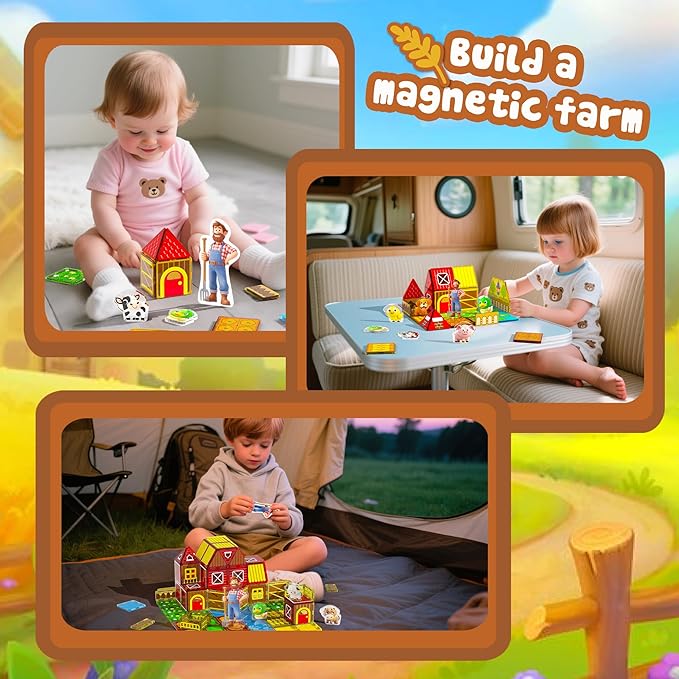 GobiDex Magnetic Tiles with Farm Animals Building Blocks, STEM Sensory Toys for Indoor, Outdoor, and Travel Play, Educational Magnet Toy Gift for Preschool Kids Ages 3-5, 4-8
