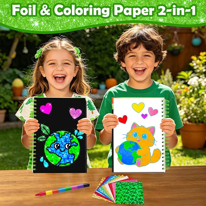 FUNNYB&G Foil Art Craft Kit for Kids 4-10 Years Old: Mess-Free & No-Glue, Create 16 Sparkly Going Green Pictures – Perfect Travel Toy & Birthday Gift for Kids (Going Green)