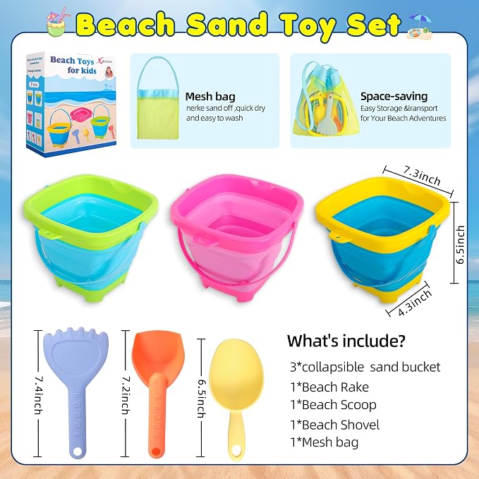 Xgunion Collapsible Beach Sand Bucket 3 Packs Foldable Buckets Set with Shovels & Mesh Bag Collapsible Beach Toys for Kids Summer (Yellow, Blue, Green, Pink, Medium)