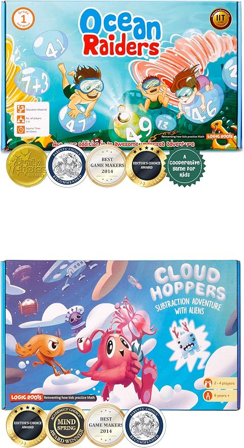 Addition and Subtraction Game - Fun Math Board Game for 6-8 Year Olds, Easy to Play Educational Game for Kids at Home, STEM Toy Gift for Girls & Boys (Ocean Raiders + Cloud Hoppers)