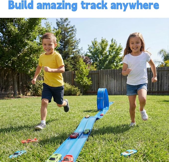 Flexible Race Track 16.5 Ft for Kids - Race Car Ramp Track with Suction Cups, Compatible with 1:64 Scale Diecast Cars, Includes 8 Racing Cars, Portable Toy Play Set Gift for Boys Girls Ages 3-8, Blue