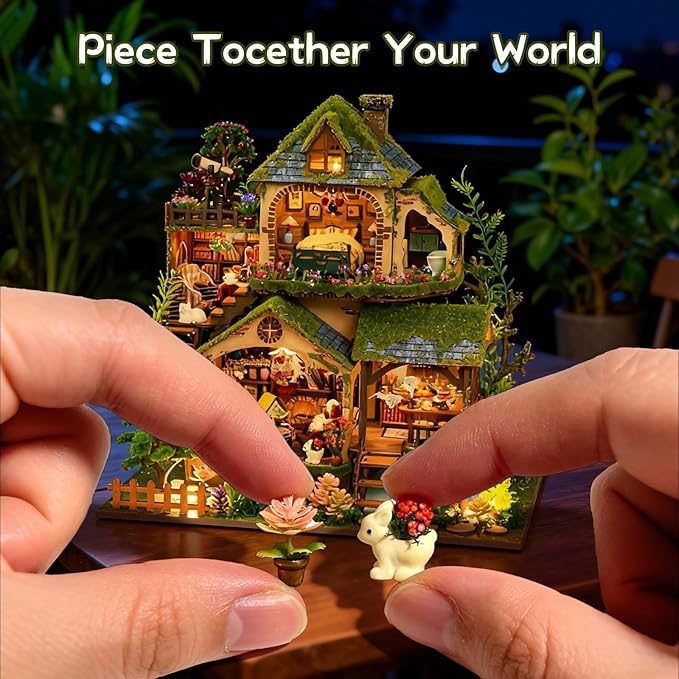 DIY Miniature House Kit, Victorian Dollhouse Kit, 3D Wooden Puzzles Bookshelf Craft Kits, Mini Doll House Building Kit for Adults Teen(Forest Cottage)