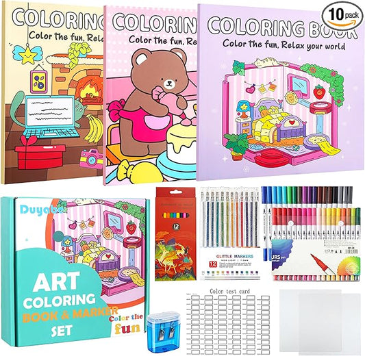 Cute Coloring Book Set for Teens Adults Relaxation, Easy and Simple Designs Coloring Book for Teens Girls, Stress Relief Gifts for Women with 36 Colors Markers & 12 Glitter Pens & 12 Colored Pencils