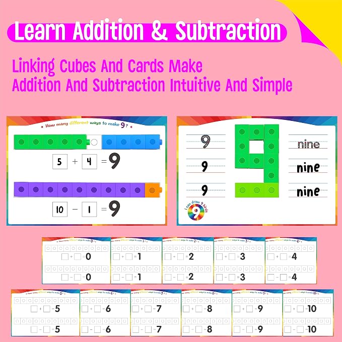 Math Linking Cubes, 100 Math Cube Manipulatives with 30 Learning Activities Number Counting Blocks Snap Linking Math Counters Fun & Educational Pre-K Counting Blocks for Preschool Kindergarten