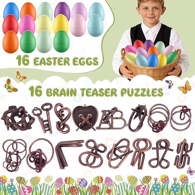 16 Pack Easter Eggs Filled with Brain Teaser Puzzles Toys, Easter Basket Stuffers for Kids Teens Adults, Easters Egg Fillers for Kids Boys Girls, Easters Eggs Hunt Game, Classroom Prize Supplies