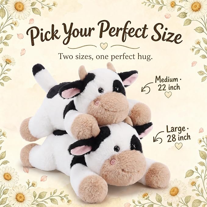 gnomantic Cow Weighted Stuffed Animals - 28 Inch 5.0 Pounds Weighted Plushies Cow Stuffed Animals - Large Plush Pillow - Cute Plush Toys Gifts for Kids & Adults (28" 5.0 lbs Black)