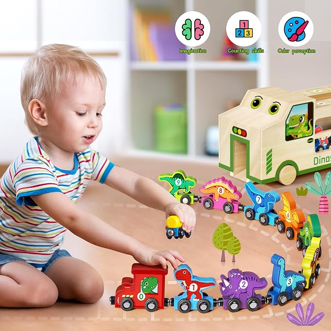 GJZZ Wooden Dinosaur Truck & 10 Magnetic Wooden Dinosaur Train Set | Montessori STEM Toys, Kids 2-5 Years, Toddler Learning Toys, Birthday Gifts for Boys and Girls