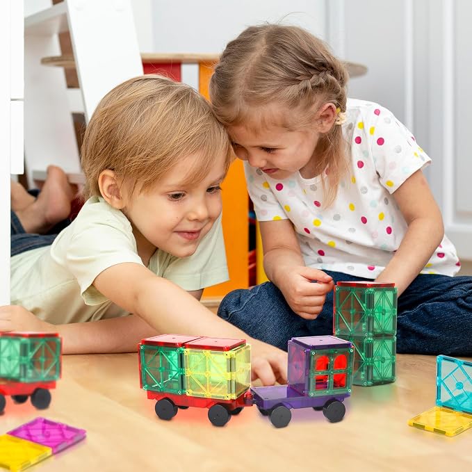 Playmags Magnetic Car Set (2 Pieces) – Strong Magnet Car Bases for Magnetic Tiles, STEM Building Toy Accessories for Kids, Compatible with Magnetic Blocks, Durable Wheels, Creative Play Add-On