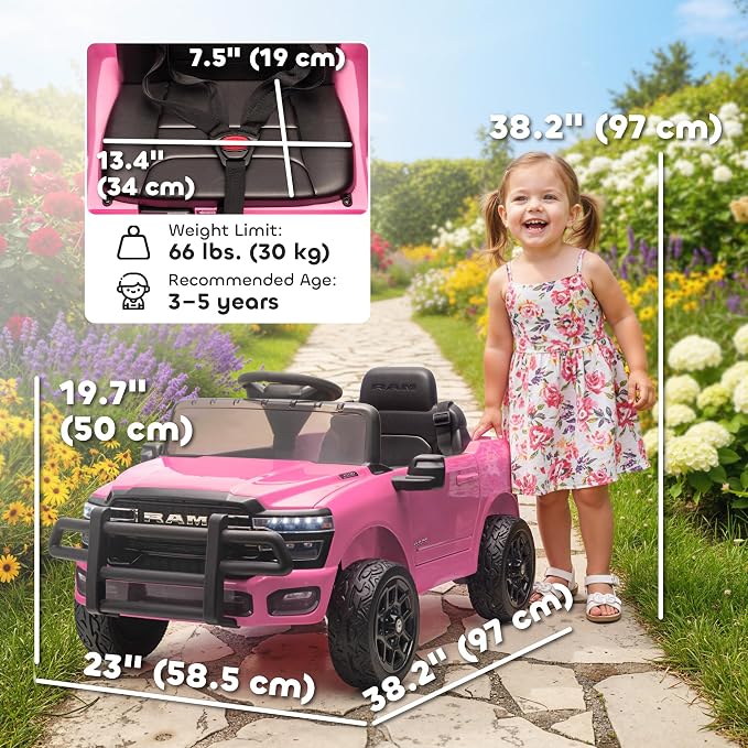 Qaba 12V Kids Ride on Car, Licensed Dodge RAM 3500 Electric Car for Kids with Dual Motors, Parent Remote Control, Rear Suspension, Power Display, Bluetooth Music and LED Lights, Pink