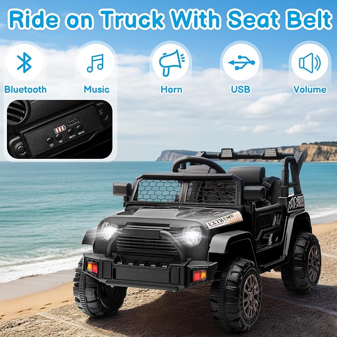Winado 12V Electric Car for Kids, Ride on Truck for Toddlers with Remote Control, Battery Powered Kids Electric Vehicle to Drive w/Bluetooth, Soft Start, LED Lights - Black