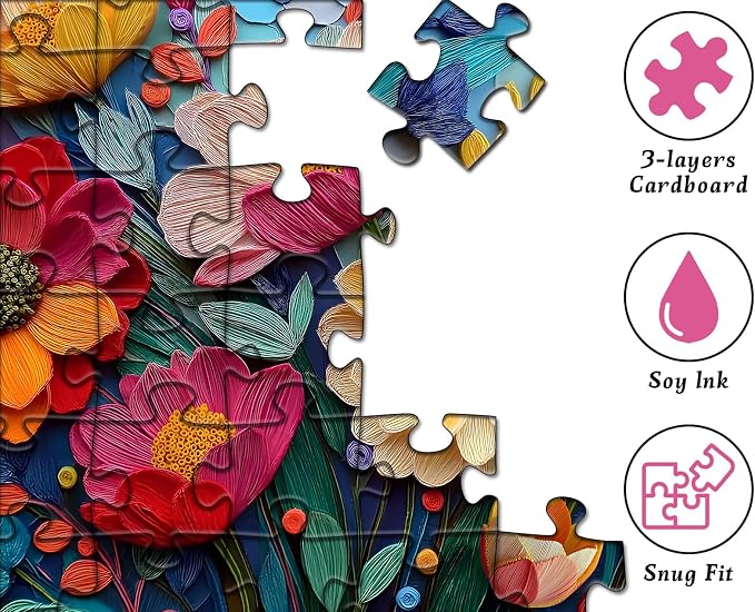 Colorful Flower Puzzles for Adults, Quilled Plant Floral Puzzle Fabric Art,Spring Flower Garden Jigsaw Puzzles 1000 Pieces Nature Challenge