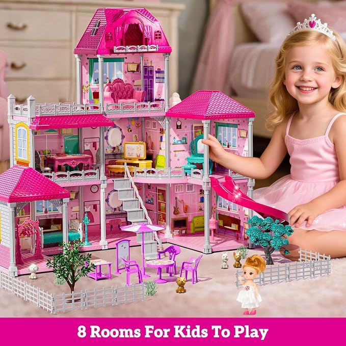 JUKUDAHU Villa Playset for Girls Ages 3-7, 3-Story 8 Room House with 2 Dolls, Furniture and Accessories, Indoor Playset Girls Toys for Ages 6-8, Pretend Toddler Toy, Birthday Gifts for Kids 4-8