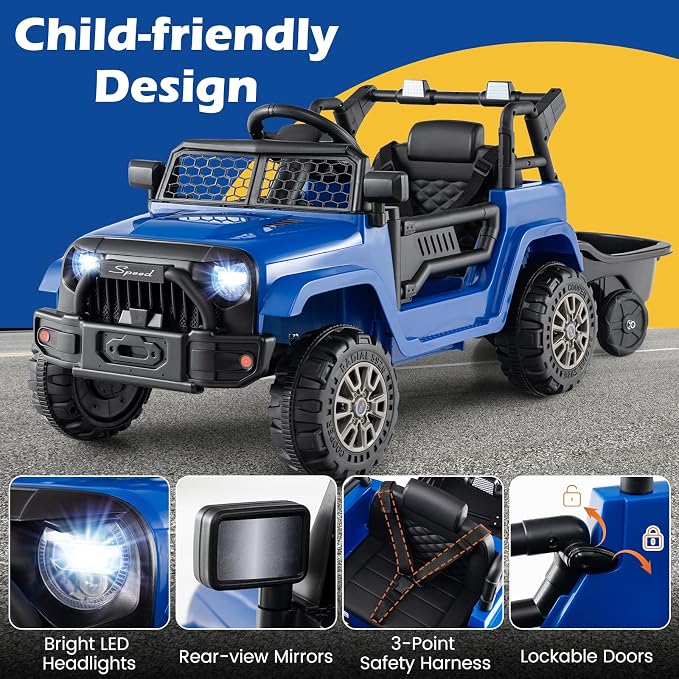 Costzon Ride on Car with Detachable Trailer, 12V Battery Powered Ride on Truck with Parent Remote Control, Light & Music, Electric Vehicle Kids Car Toy for Boys & Girls (Blue)