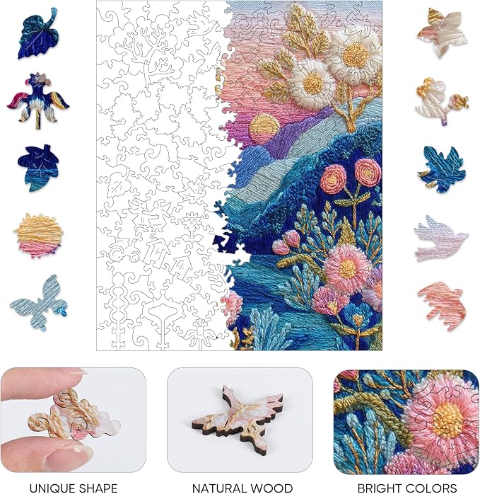 Wooden Jigsaw Puzzles for Adults, Embroidered Flower Landscape Art Puzzle, Unique Shaped Pieces, Educational Game Gift for Kids and Adults 200 Pieces 8.6x11.8in