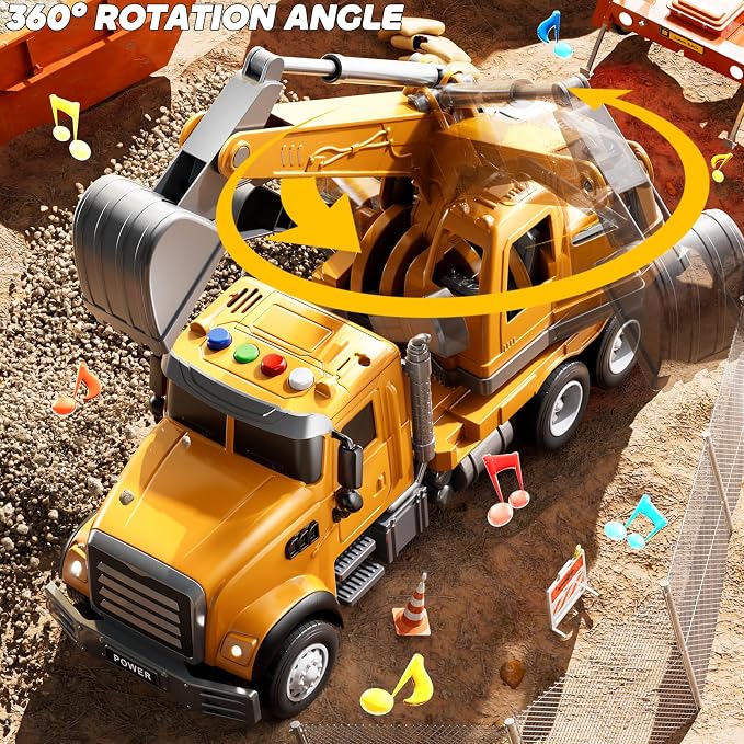 JUKUDAHU Excavator Toys for Boys Aged 3-5 4-6, Play Excavator with Light and Sound, Toy Truck Construction Vehicles Cars for Kids 2-4 4-7 Years Old, Birthday Gift for Girls Toddlers 1-3