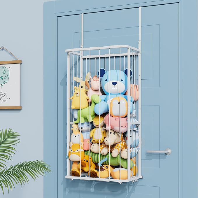 SWTYMIKI Hanging Stuffed Animal Storage - Over Door Large Plush Toy Organizer, Wall Mounted or Corner Stuffie Storage for Nursery, Doll & Bear Plush Organizer for Kid Room Bedroom (White, 2-Tier)