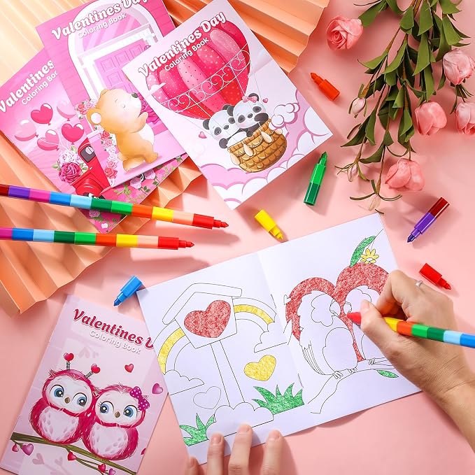 BenLouis 24 Pcs Valentines Day Mini Coloring Books Kids Valentine School Party Favors Small Activity Books Bulk for Kids Valentine's Day Goodie Bags Stuffers Return Gifts Classroom Travel