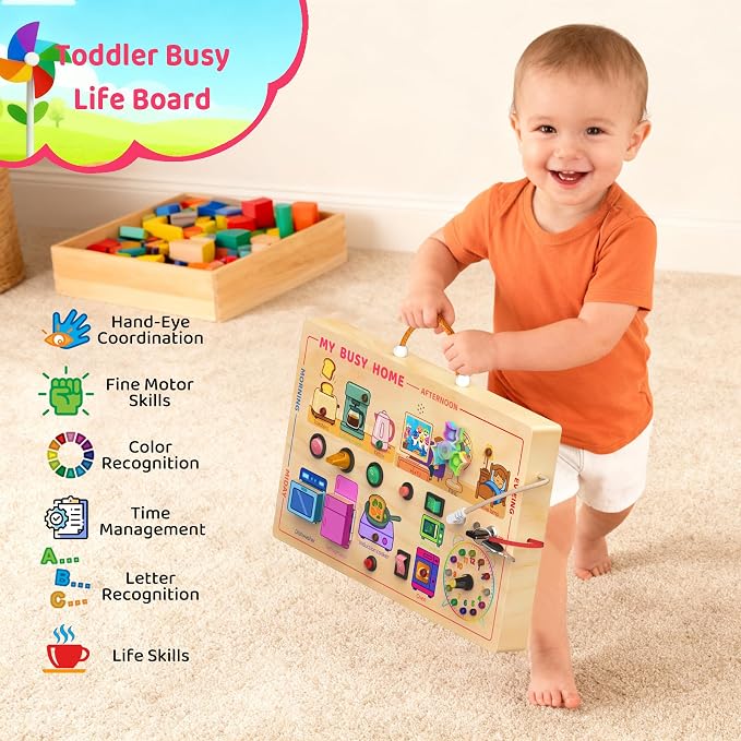 UdoUto My Busy Home Montessori Busy Board for Toddlers 1-3 - Wooden Sensory Activity Board with Kitchen Appliances, Switches, Clock | Educational Fine Motor Skill Toy for 1+ Year Old Girls
