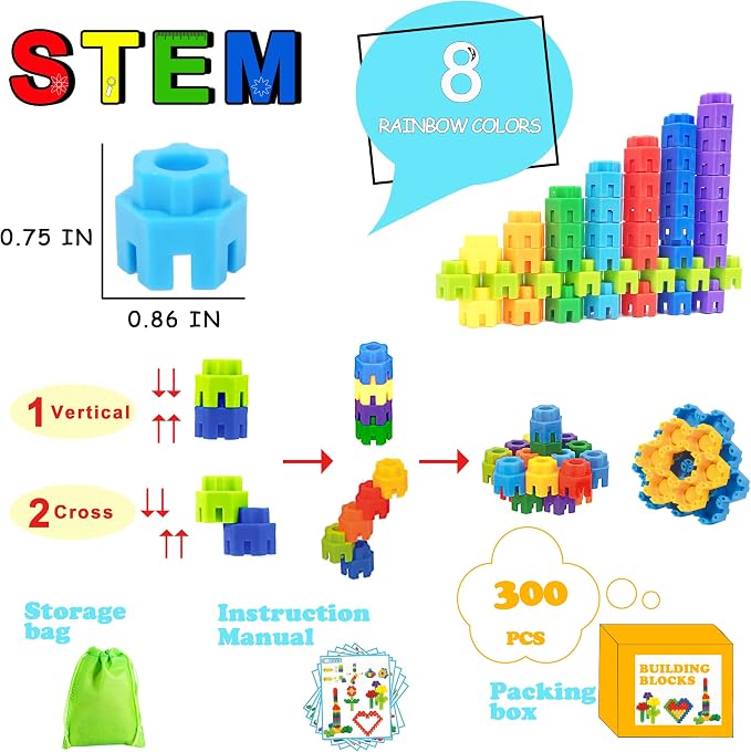 300 Pcs Kids Building Blocks with Storage Bag - Interlocking, Colorful Stem Toys for 3+ Year Old - Connects Building Toys for Kids Learning - Kindergarten Educational Toys for 3-5 Years