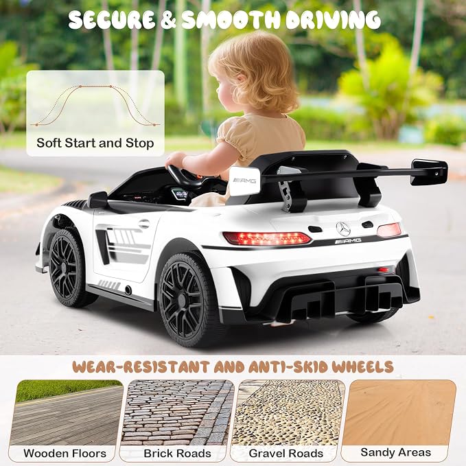Costzon Ride on Car, 12V Licensed Mercedes-AMG GT3 Kids Car with Remote Control, 3 Speeds, LED Lights, Music, Wireless, Transport Wheels & Soft Start, Electric Vehicle for Toddlers Aged 3+ (White)
