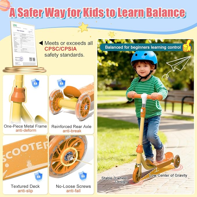 Kick Scooter for Kids Ages 3-7, Three Wheel Toddler Scooter with Handlebar Steering(No Lean),Height Adjustable, Light Up Rear Wheels, Indoor Outdoor Toy for Girls Boys, Holiday Birthday Gift