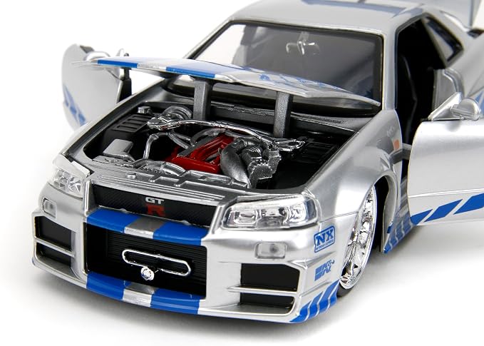 Jada Toys Fast & Furious Brian’s 2002 Nissan Skyline R34 Die-cast Car, 1:24 Scale, Silver & Blue