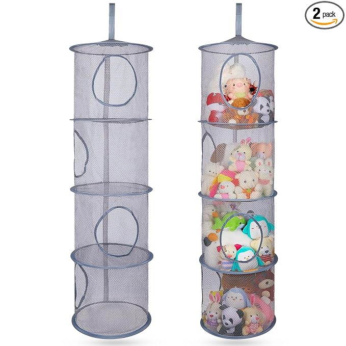 Basumee Stuffed Animals Net or Hammock 2 Pcs Stuffed Animals Storage Toy Net Hammock for Plushies Storage Organizer Mesh Kids Girls Room Decor, Gray, 4 Tiers