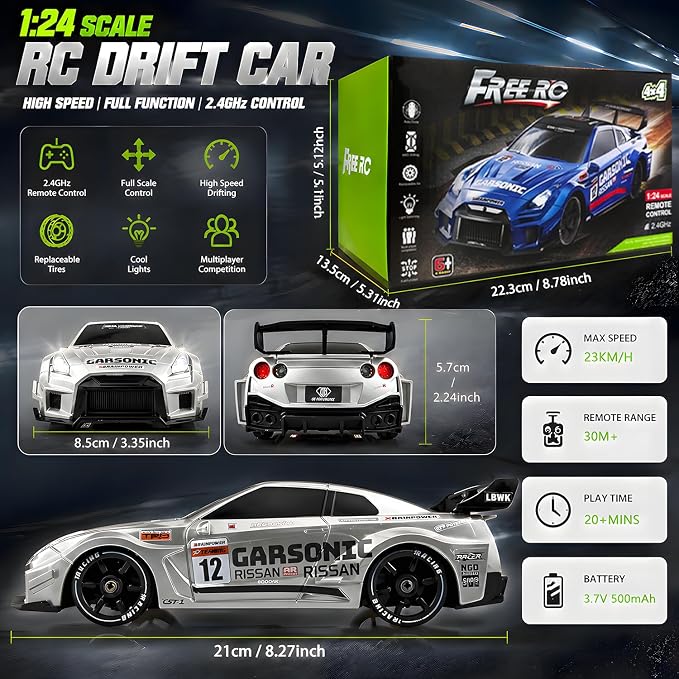 HTURCCOP 1:24 RC Drift 2.4GHz with LED Light Race Car Toys for Boys and Girls Aged 6+ Speed Adjustable up to 23Km/H, High-Speed RC Racing Cars Toy Gift for Boys & Girls