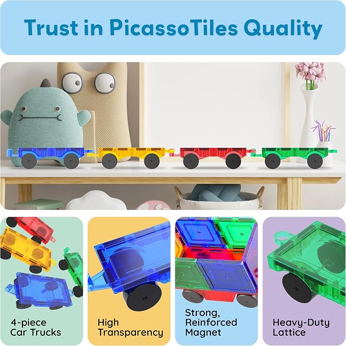 PicassoTiles 4PC Magnetic Tiles Car Truck Base Construction Building Accessory Toy Yellow, Red, Green & Blue Compatible with Magnet Tile Sets Educational STEM Learning Build Kits Boys & Girls PT201