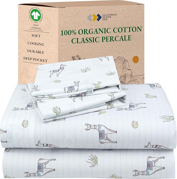 California Design Den Printed Queen Size Bed Sheet Set, 100% Organic Cotton Percale Sheets, Deep Pocket Queen Sheets & Pillowcase Set - Llama