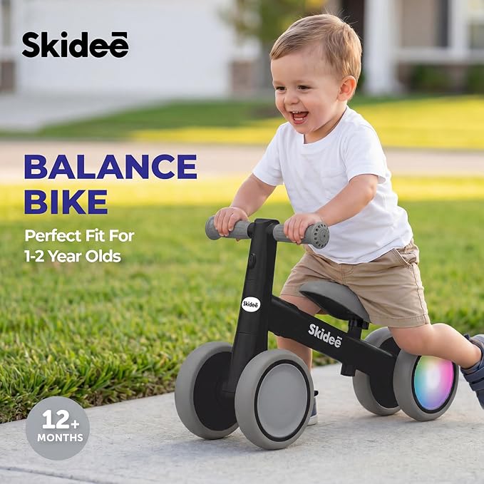 SKIDEE Toddler Balance Bike 1-3, 4-Wheel Balance Bike with Rare Light-Motion-Activated LED Wheels, Adjustable Height & Child Safe Steering, Lightweight Ride-On Toy Training Bike for Boys & Girls