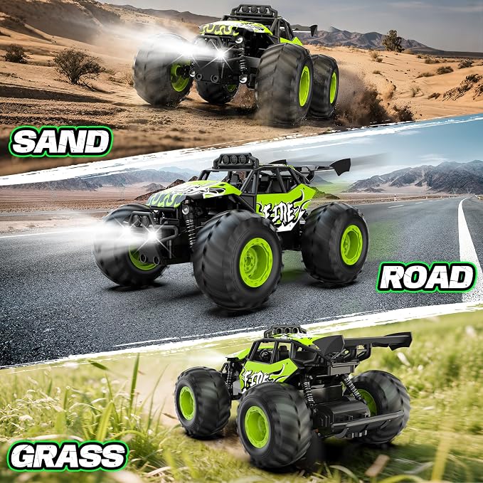 Remote Control Car, All Terrain RC Cars with Speed Switch RC Truck with LED Headlight and Rechargeable Batteries, 20KM/H Monster Truck Toys Gift for Boys 6-8 8-12, Green