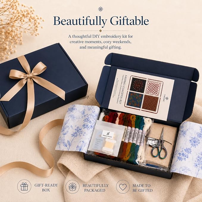 TMEGMIC Sashiko Embroidery Kit for Beginners, DIY Hand Stitching Coaster Making Craft Kit, Makes 10 Pcs in 4 Patterns (DIY Material Kit Only)