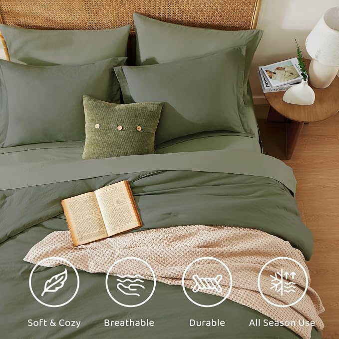 WRENSONGE Oversized Queen Comforter Set - 7 Pieces Olive Green Bed in a Bag Queen with Sheets, 2 Pillow Shams, and 2 Pillowcases- Warm Bedding Sets Queen for All Season