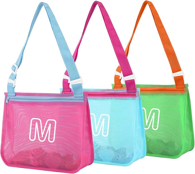 3Pcs Personalized Kids Beach Shell Bag, Initial Seashell Mesh Zipper Beach Pouch, Shell Collecting Bag for Holding Shells with Adjustable Straps, Sand Toys Swim Pouch Gift for Girl Boy Teens(Letter M)
