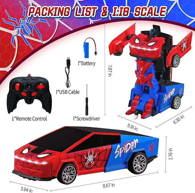 Spider Remote Control Car Cyber-Inspired Transformer Toys Cars 2.4Ghz One-Button Deformation 360° Rotation Drift Rc Car Robot Rc Truck Toy for 4 5 6 7 8+ Years Old Boy Toys