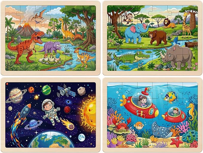 Wooden Puzzles Dinosaur Toys for Kids Ages 4-6, 4 Packs 24 Piece Puzzles for Toddlers 3-5 Preschool Educational Jigsaw Puzzles Boards Toys Gifts for 3 4 5 6 Boys Girls