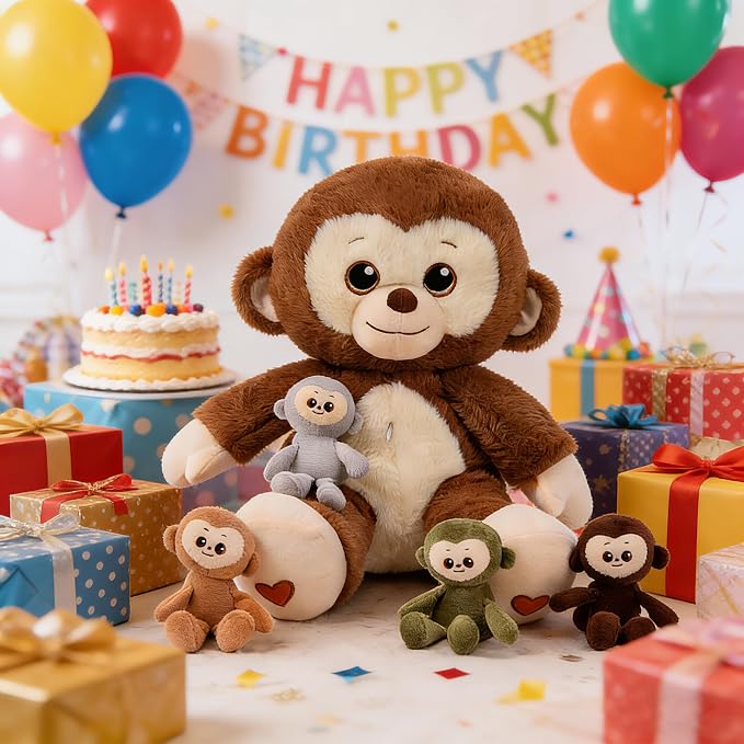 Monkey Stuffed Animals, Mommy Monkey Plush with Baby, 5 Pcs Plush Toy for Girl Boy, Birthday Gifts for Kids