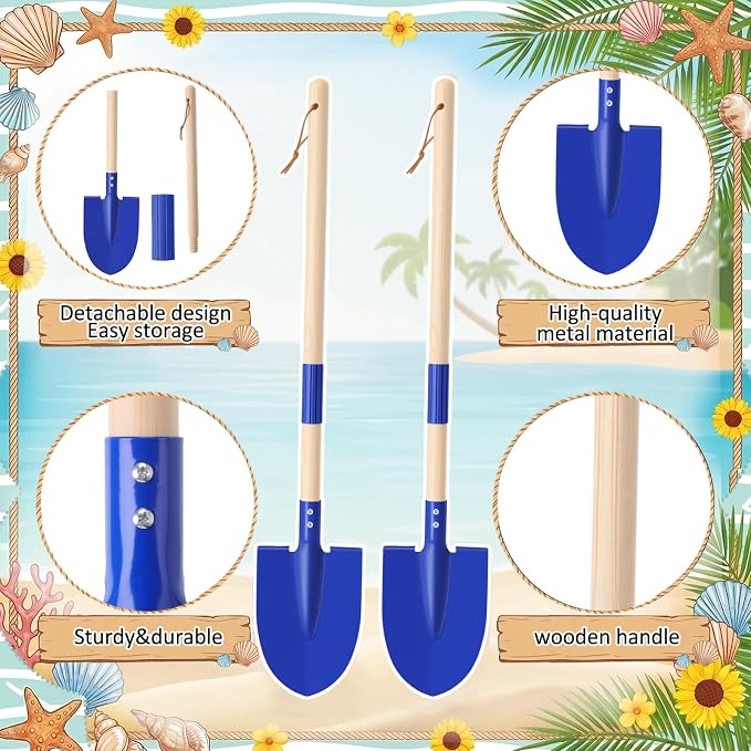 4 Pcs Detachable Kids Beach Shovels, 27" Long Kids Gardening Tools Bulk Metal Sand Shovels with Wooden Handle for Digging Shoveling Sand Snow Gardening Tools Beach Toys Gifts(Blue)
