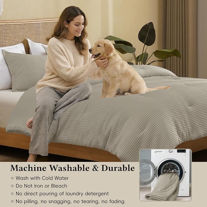 David's Home Waffle Weave Comforter Set 3PCS Queen Size, Soft Breathable Lightweight Cozy Skin-Friendly Warm for All Season, Elegant Aesthetic Home Decor Bedding Set with Pillow Shams, Taupe