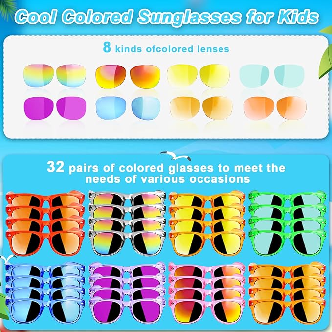 AILEHO Kids Sunglasses Bulk Party Favors - 32 Packs Boys Girls Sunglasses for Kids Age 3-8 with UV 400 Protection, Neon Sunglasses for Kids Party