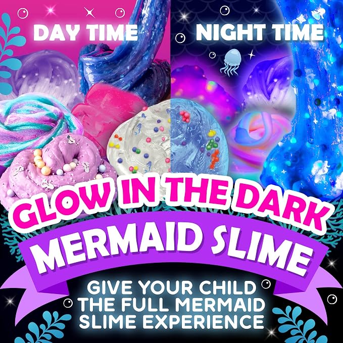 Original Stationery Mermaid Slime Kit - 35-Piece Multicolor Set, Ages 7+ - Glow-in-The-Dark Butter & Glitter Mix with Foam Cubes & Mermaid Tail Add-Ins - DIY Slime Making Kit for Kids & Girls